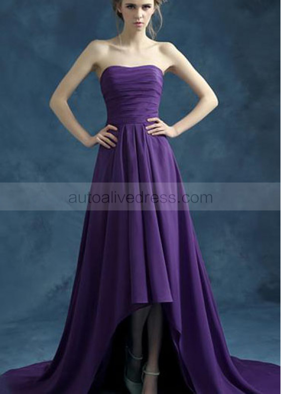 Strapless Purple Chiffon High Low Evening Dress